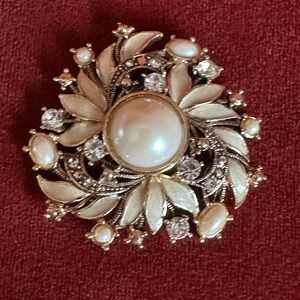 Monet Gold and Pearl Brooch with Crystal Accents